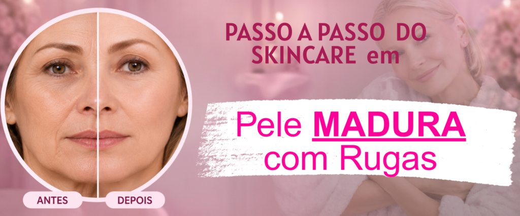 Skin care passo a passo em pele madura com rugas mostrando antes e depois da firmeza e suavização da pele.