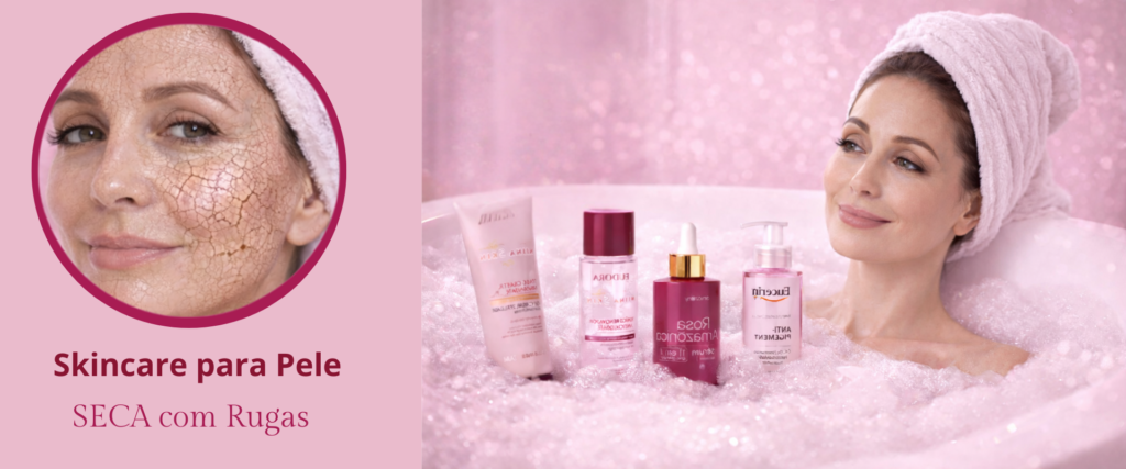 Skincare para pele seca com rugas com produtos hidratantes e tratamento anti-idade para suavizar linhas e melhorar a firmeza da pele