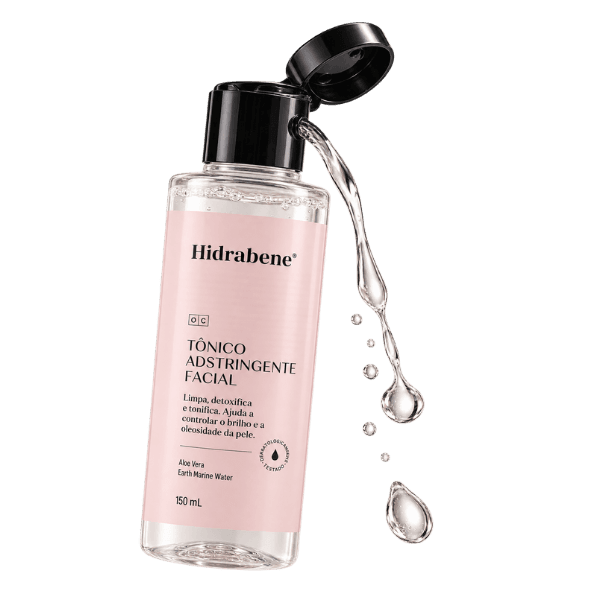 Tônico Facial Adstringente Hidrabene 150ml aberto com líquido derramando