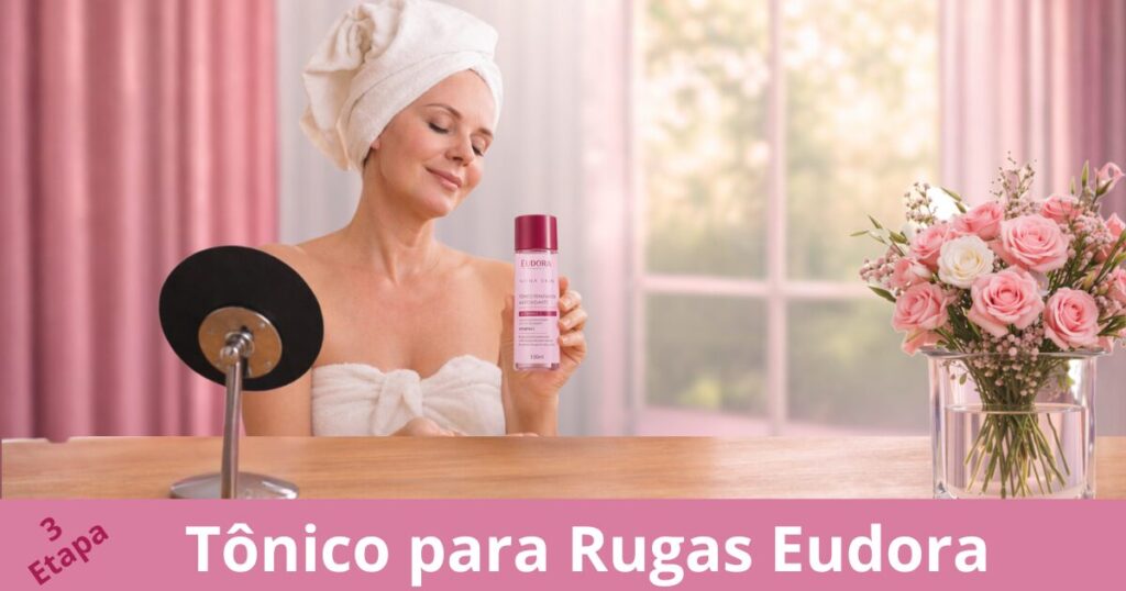 Tônico para Rugas Eudora sendo aplicado na pele do rosto durante rotina de skincare