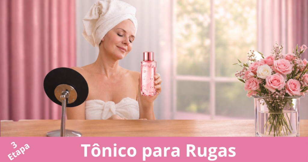 Aplicação de tônico para rugas na mão durante rotina de skincare facial para pele.