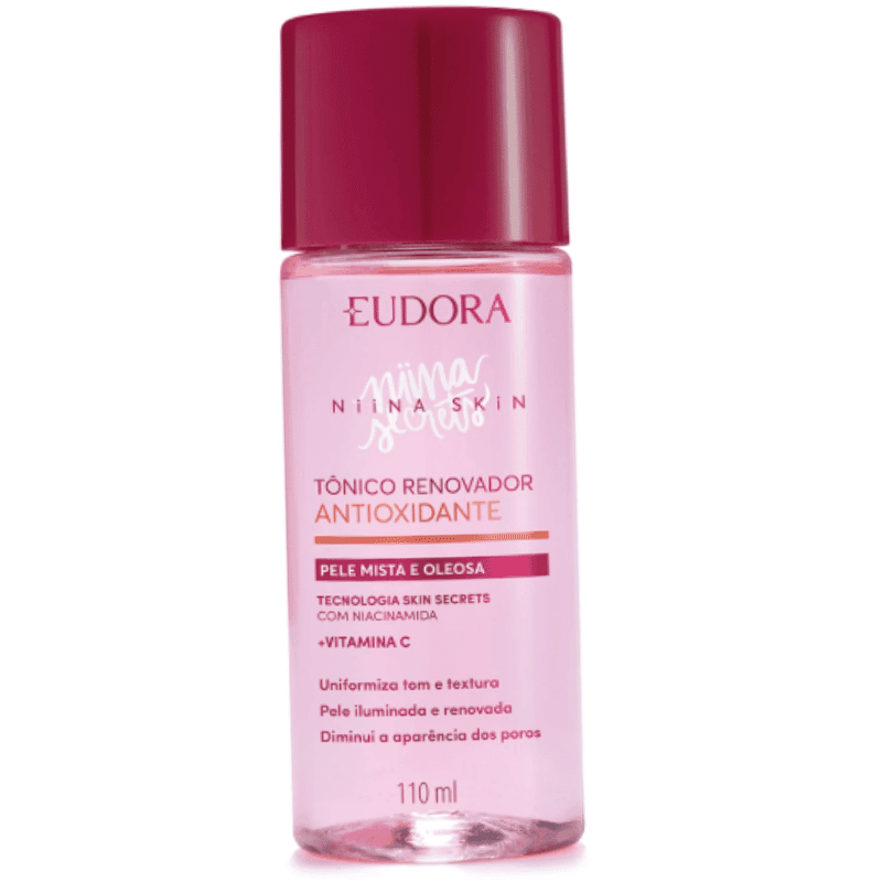 Frasco rosa do Tônico Renovador Antioxidante Eudora Niina Skin com 110ml, indicado para pele mista e oleosa, com vitamina C e niacinamida.