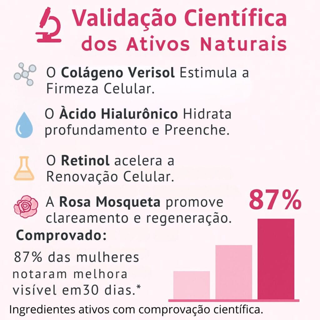 Infográfico destacando a validação científica dos ativos naturais do sérum Rosa Amazônica, com 87% de aprovação em 30 dias.