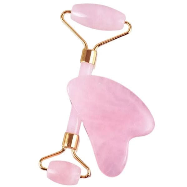 Kit de massagem facial com rolo de jade rosa e pedra Gua Sha, ideal para cuidados com a pele e redução de inchaço.