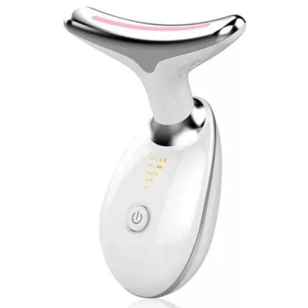 Massageador facial elétrico branco com design em "T", indicado para pescoço, queixo e contorno facial, com função de luz LED.