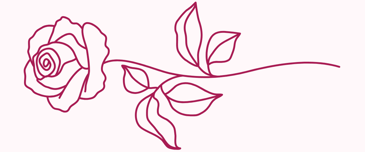 Ilustração de uma rosa com folhas e linha elegante, usada como elemento decorativo.