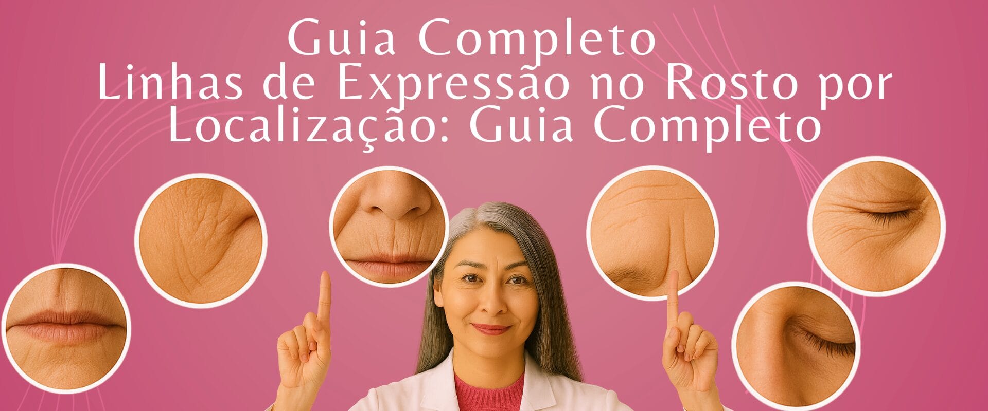 Linhas de Expressão marcando a pele em diferentes regiões do rosto, como testa, olhos e boca.