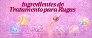 Ingredientes de tratamento para rugas como retinol, ácido hialurônico, niacinamida, antioxidantes e colágeno usados em skincare.