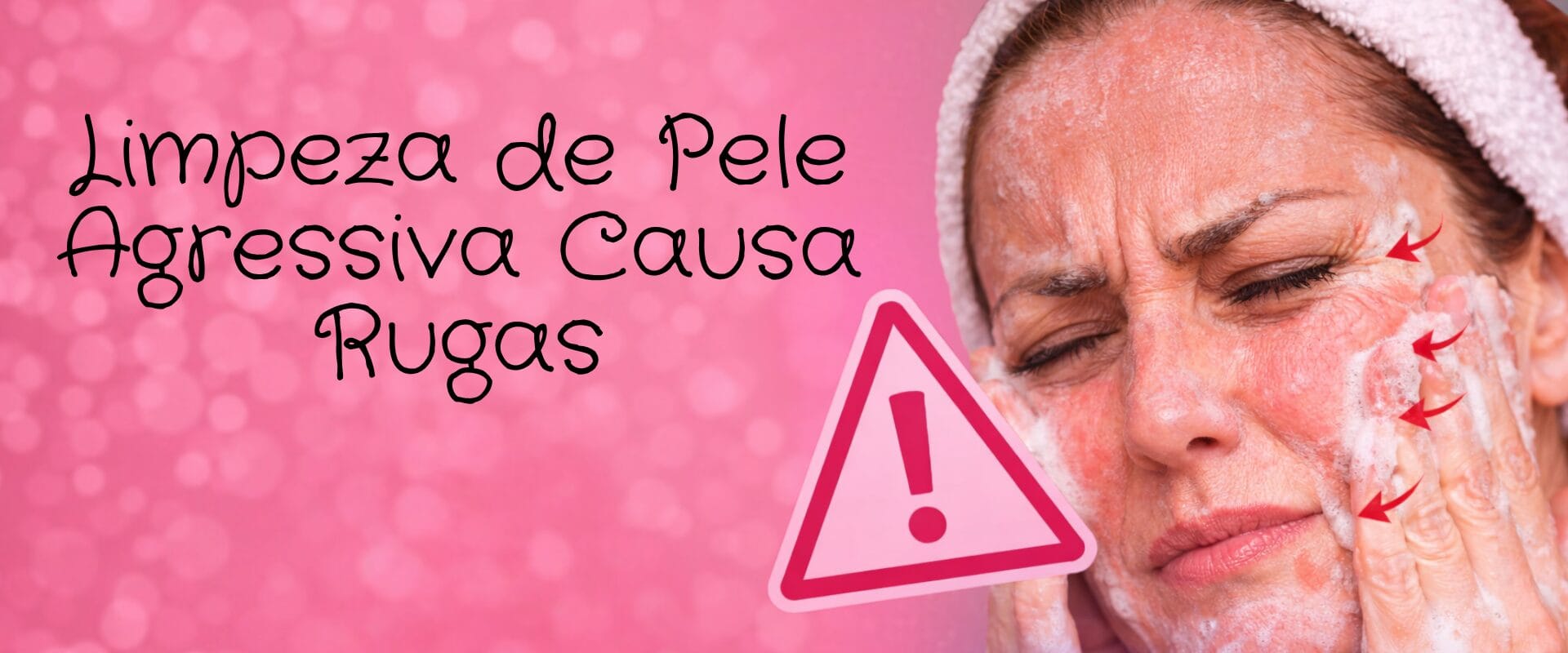 Mulher fazendo limpeza de pele agressiva no rosto com irritação e sinais de rugas