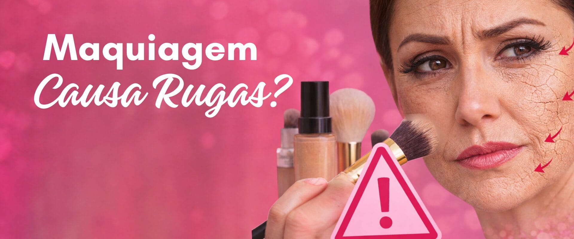 Mulher aplicando maquiagem pesada no rosto com sinais de rugas e envelhecimento da pele