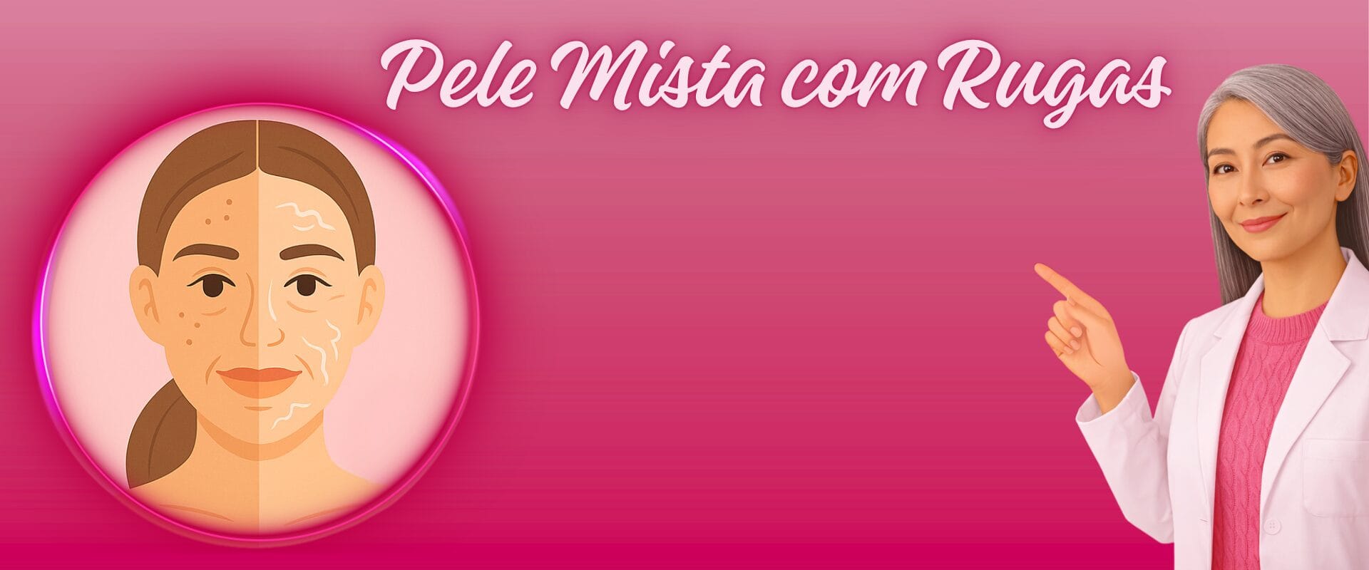 Imagem ilustrativa de pele mista com rugas, mostrando oleosidade na zona T e ressecamento com linhas de expressão nas laterais do rosto
