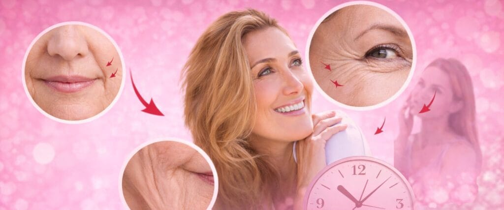 Mulher com rugas aos 40 anos destacando linhas de expressão nos olhos, boca e rosto