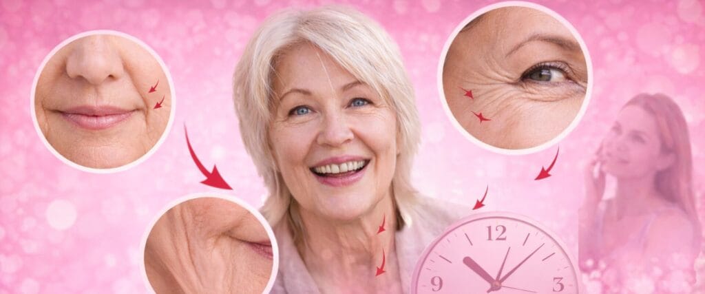Mulher sorrindo com rugas aos 50 anos, destacando linhas finas no rosto