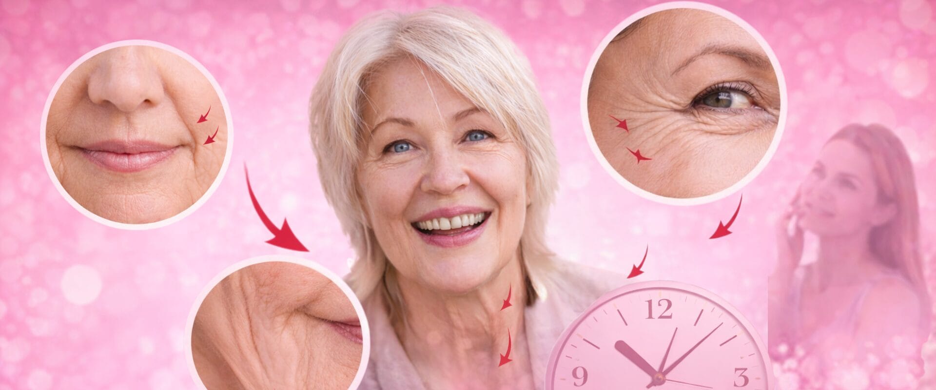 Mulher sorrindo com rugas aos 50 anos, destacando linhas finas no rosto
