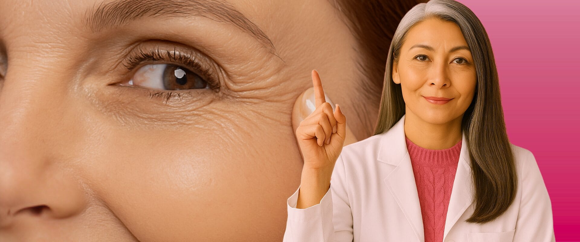 Rugas pés de galinha ao redor dos olhos com médica apontando para a região