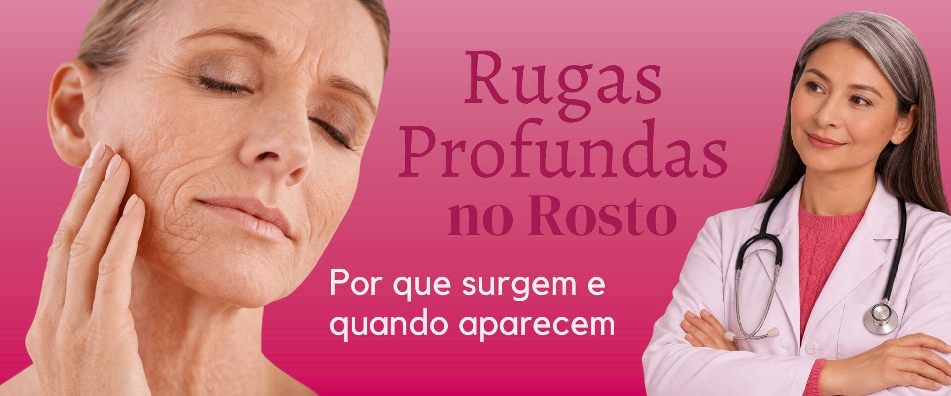 Rugas profundas no rosto em pele madura com médica especialista observando sinais de envelhecimento da pele.