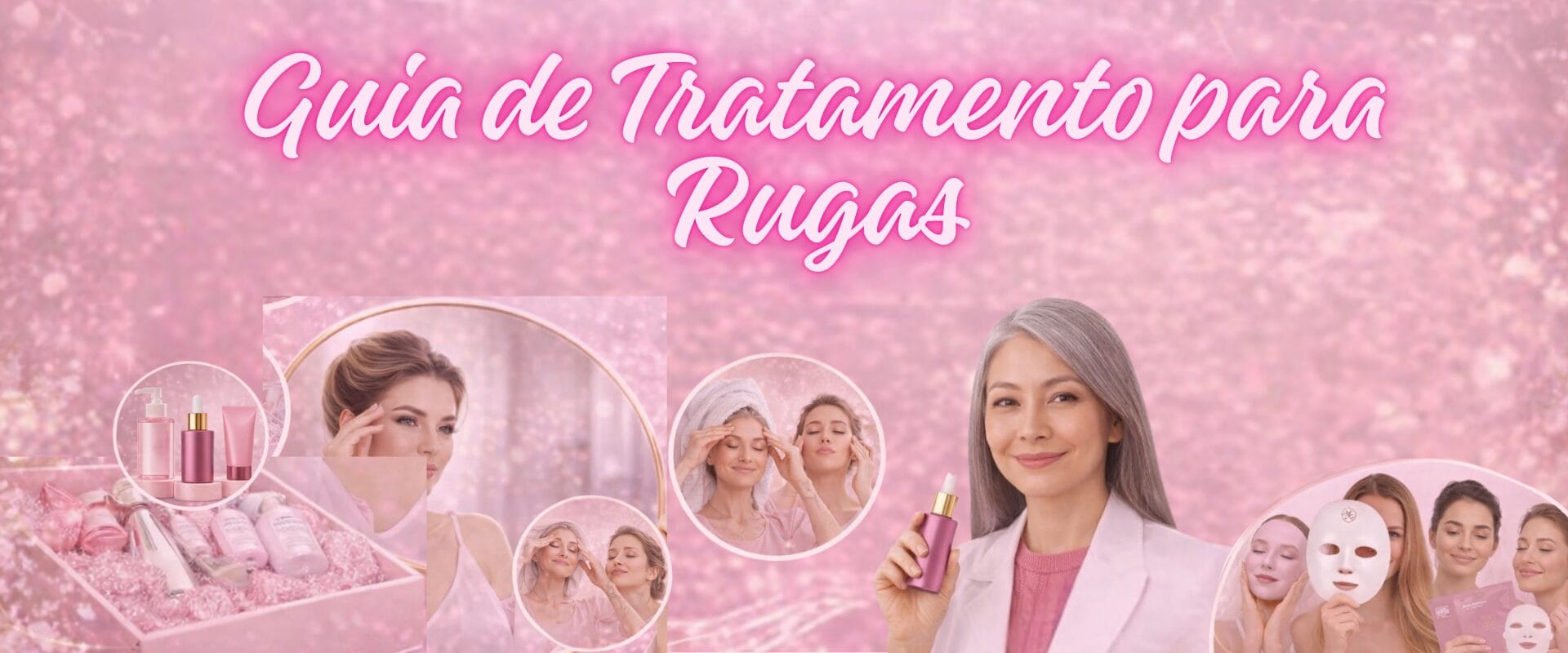 Guia de tratamento para rugas no rosto com sérum, massagem facial e máscaras de skincare.