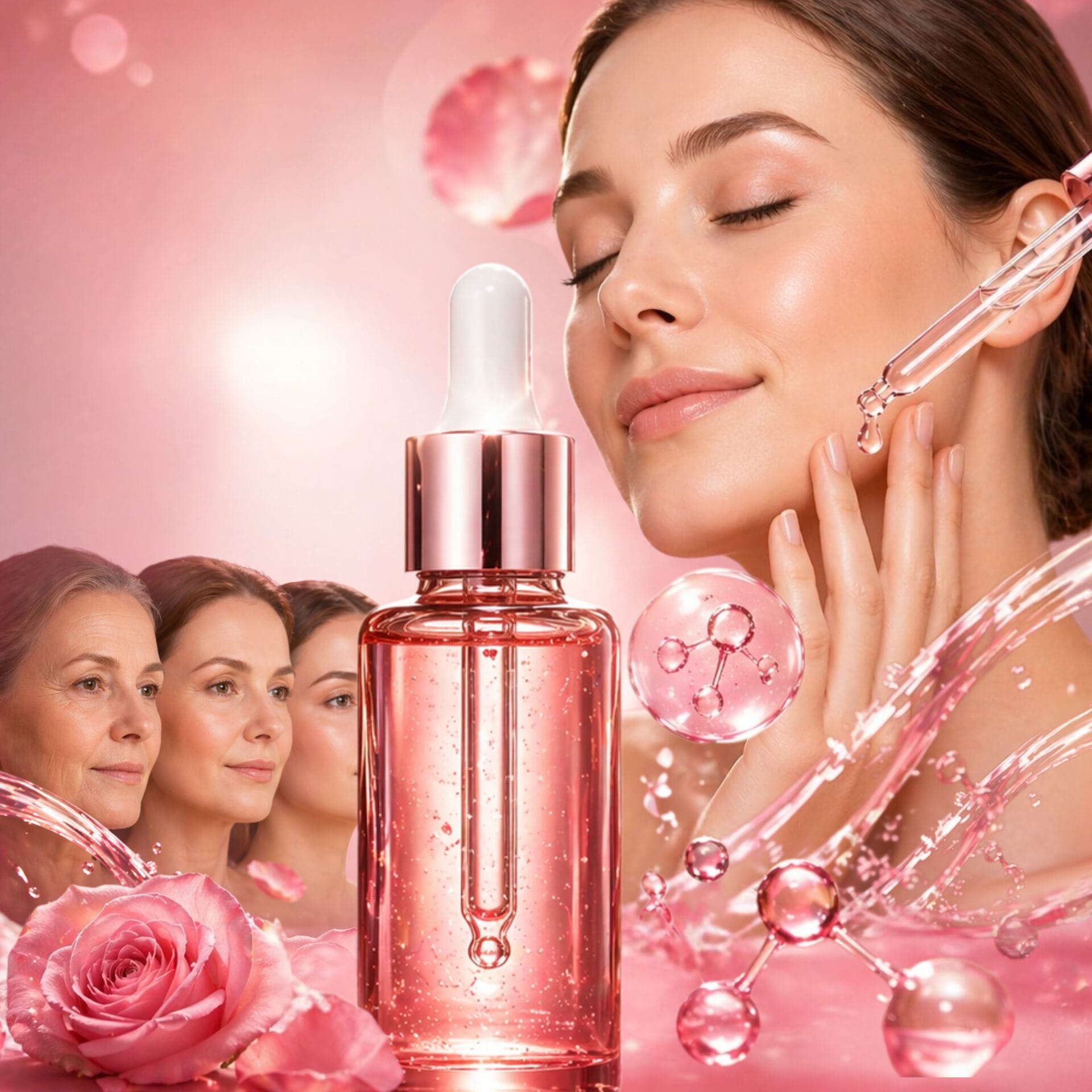 Serum facial anti rugas sendo aplicado com cuidado na pele saudável e bem cuidada