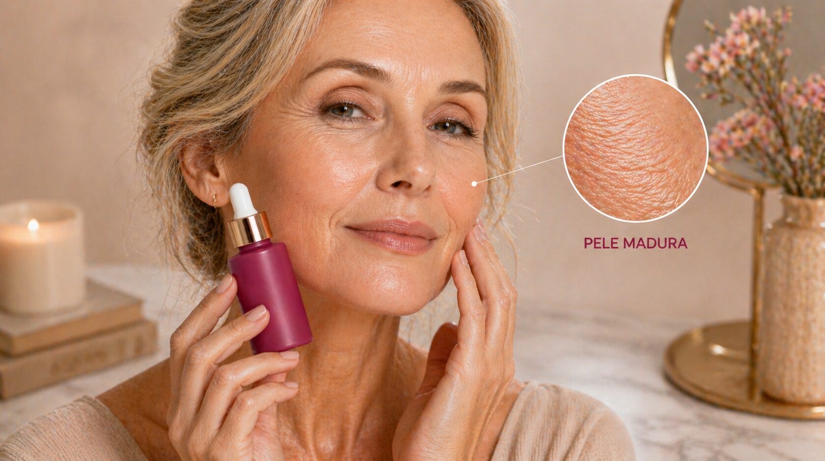 Sérum para pele madura com rugas sendo aplicado no rosto, ajudando a melhorar a firmeza e suavizar linhas finaprofundas