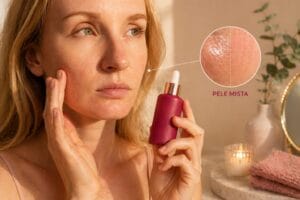 Sérum para pele mista com rugas aplicado no rosto, ajudando a equilibrar oleosidade e hidratar áreas secas, suavizando linhas de expressão