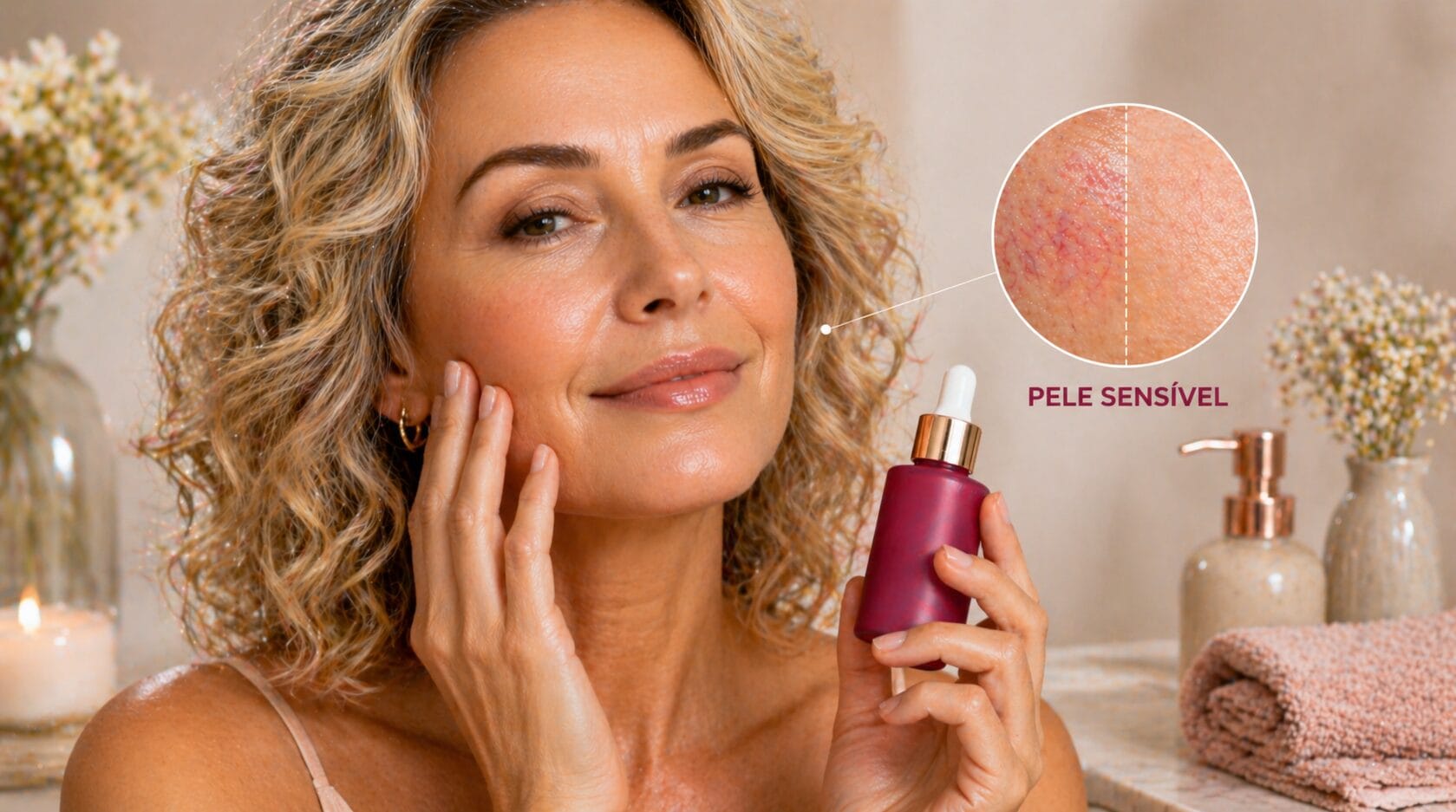 Sérum para pele sensível com rugas sendo aplicado no rosto, ajudando a acalmar a pele e suavizar linhas de expressão