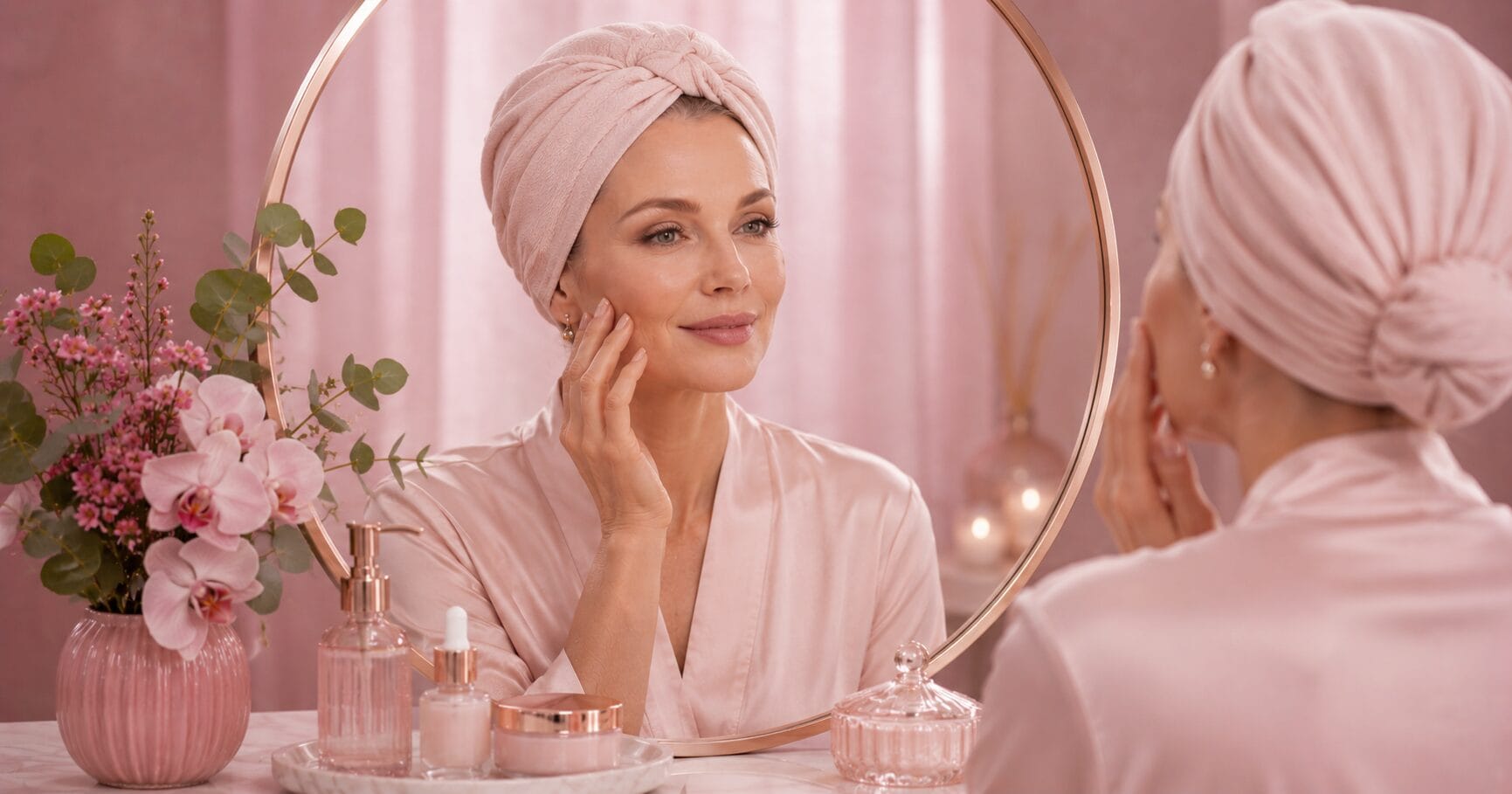 Mulher fazendo rotinas de skincare para rugas em frente ao espelho com cuidados para cada tipo de pele.