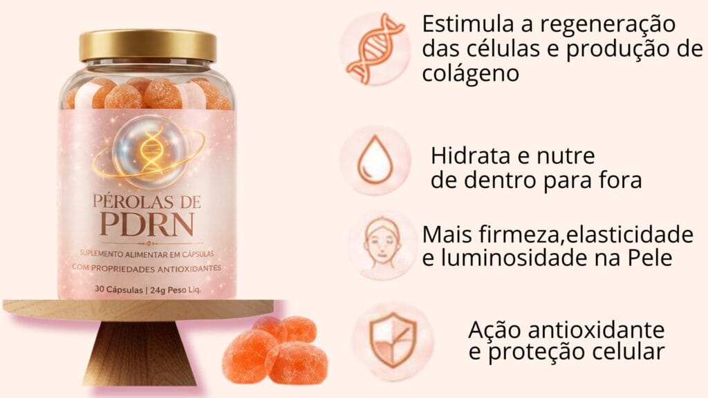 Pérola de PDRN de Salmão destacando benefícios para a pele com rugas, incluindo suporte ao colágeno, hidratação, firmeza, elasticidade e ação antioxidante.