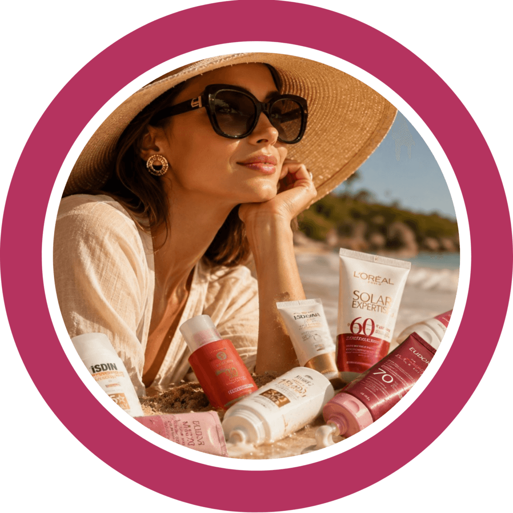 Melhor protetor solar facial para pele com rugas em uma rotina de skincare na praia.