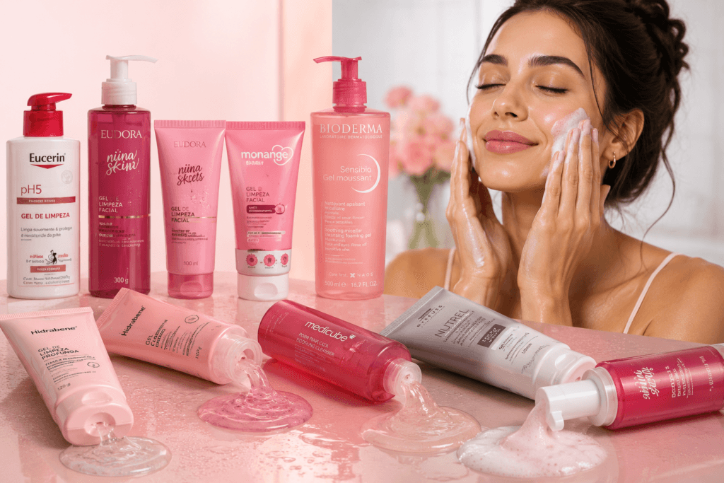 Melhor gel de limpeza facial com diferentes produtos de limpeza e mulher aplicando gel no rosto.