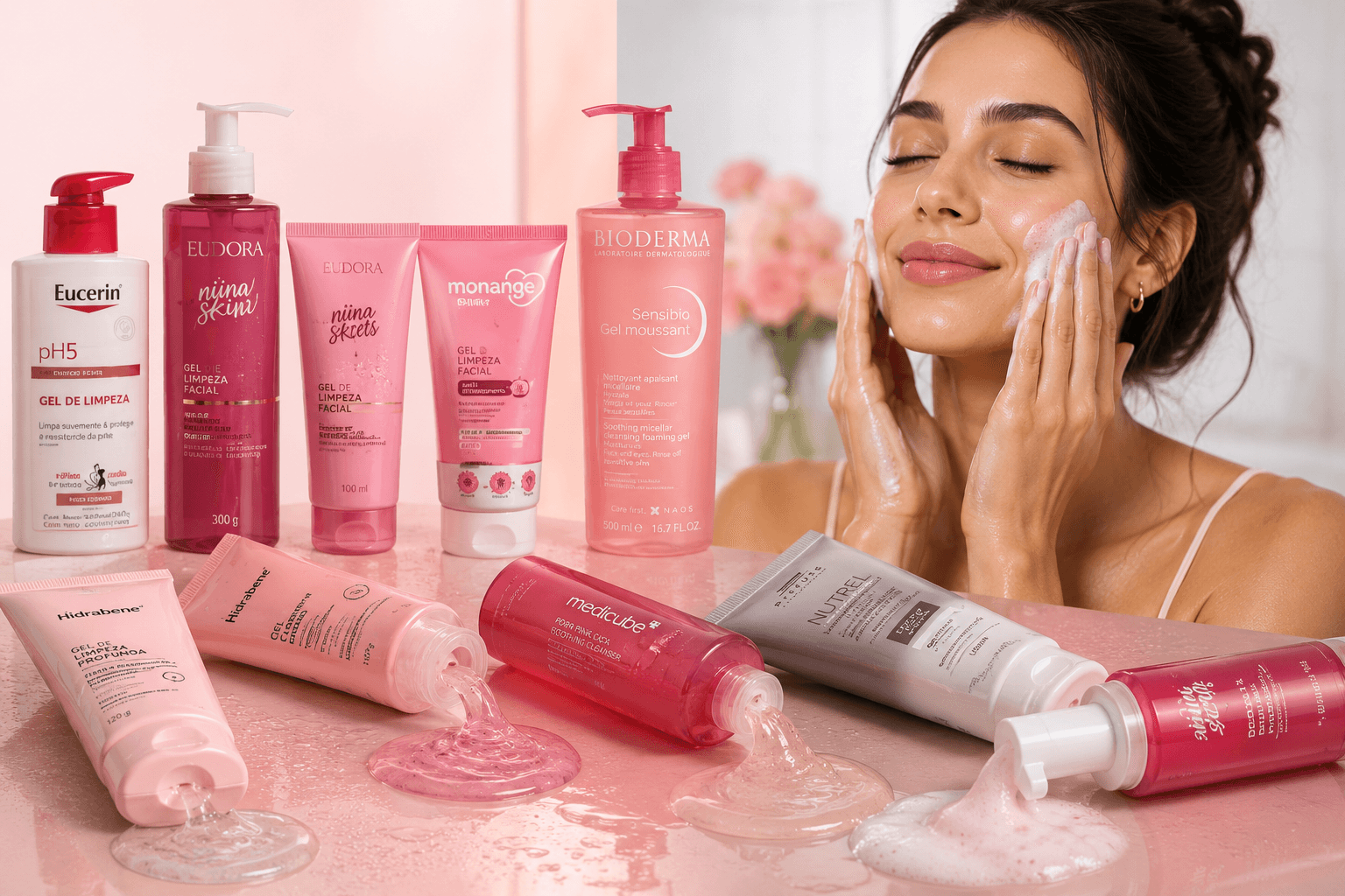 Melhor gel de limpeza facial com diferentes produtos de limpeza e mulher aplicando gel no rosto.