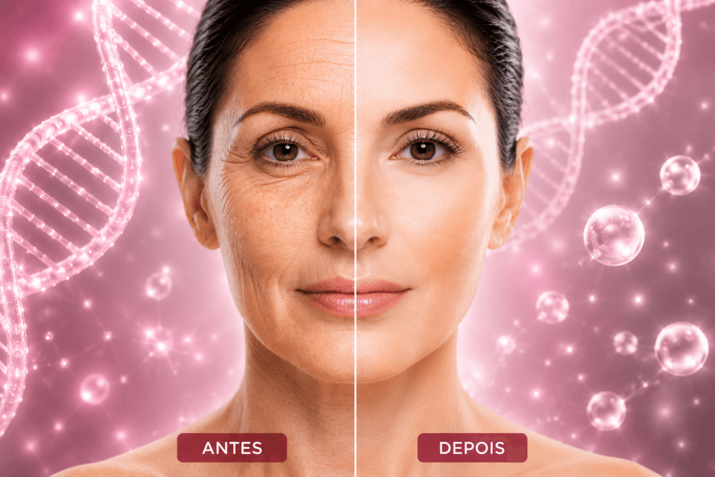 Antes e depois da pele do rosto ilustrando cuidados faciais com PDRN e exossomos.