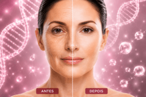 Antes e depois da pele do rosto ilustrando cuidados faciais com PDRN e exossomos.