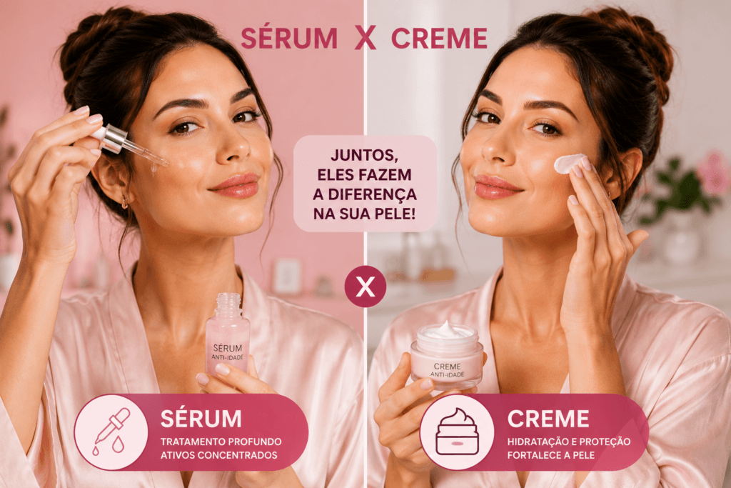 Melhor produto com retinol: mulher aplicando sérum e creme anti-idade no rosto