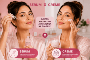 Melhor produto com retinol: mulher aplicando sérum e creme anti-idade no rosto