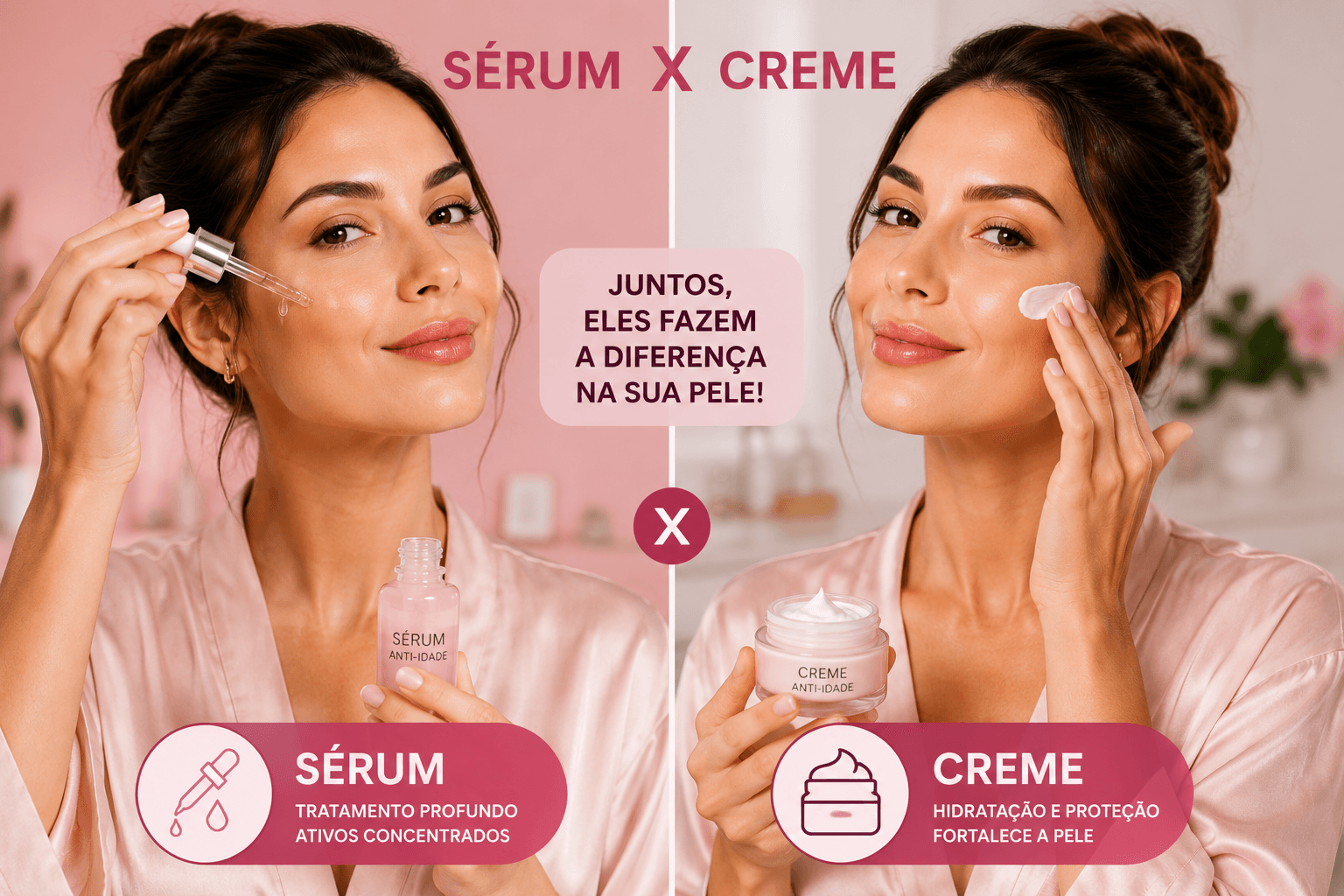 Melhor produto com retinol: mulher aplicando sérum e creme anti-idade no rosto