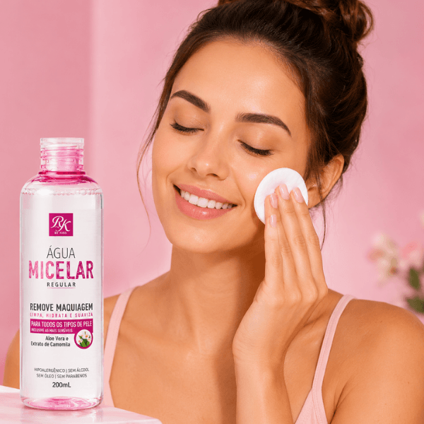 Mulher aplicando Água Micelar Incolor no rosto com disco de algodão