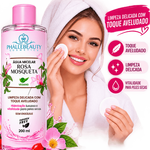 Água Micelar Incolor Phállebeauty sendo aplicada na limpeza facial