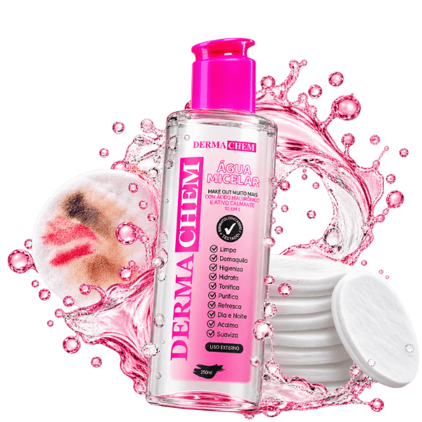Água micelar Dermachem com ácido hialurônico 250ml e discos de algodão
