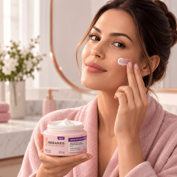 Mulher aplicando Creme Hidratação para o Rosto Noturno Hidramais no rosto