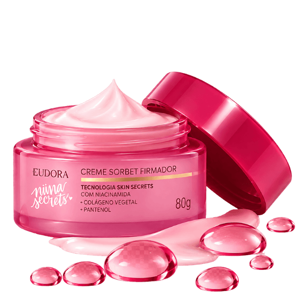 Creme Sorbet Firmador Facial Eudora Niina Secrets 80g, com niacinamida e colágeno vegetal, para hidratação e cuidados com rugas.