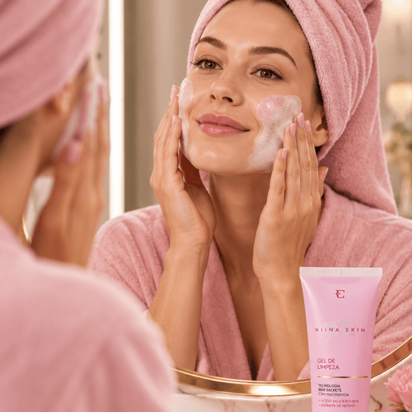 Mulher usando Gel de Limpeza Eudora Skin Niina Secrets no rosto