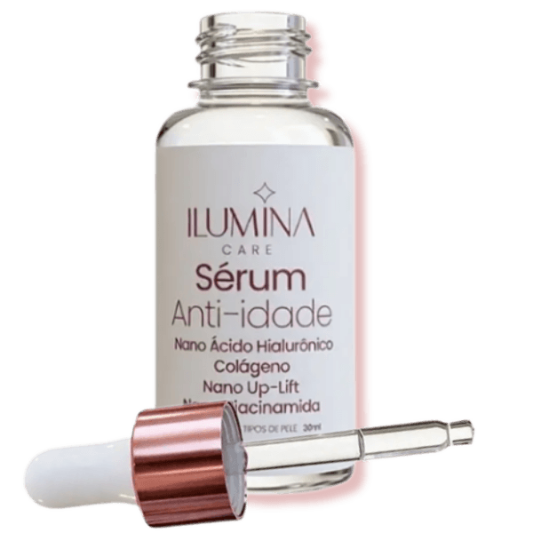 Sérum Facial Anti-Idade Ilumina Care 30ml com colágeno, ácido hialurônico e niacinamida, apresentado com conta-gotas para cuidados com rugas.