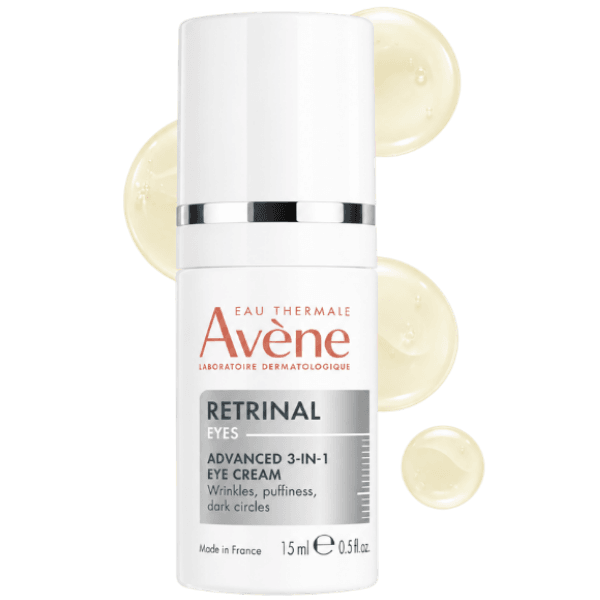 Avène Retrinal Eyes Advanced 3 em 1, creme para rugas na região dos olhos, com embalagem branca de 15 ml.