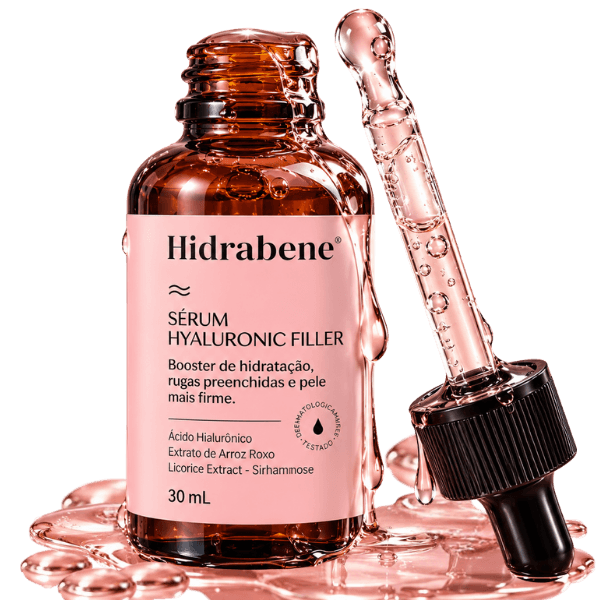 Sérum Facial Antirrugas Hidrabene Hyaluronic Filler 30ml com ácido hialurônico, frasco aberto e conta-gotas em destaque.