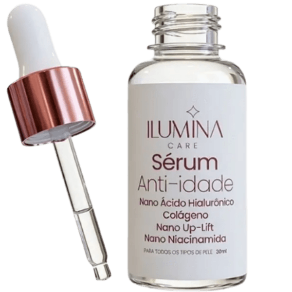Sérum Facial Anti-Idade Ilumina Care 30 ml com nano niacinamida, colágeno e ácido hialurônico para cuidados com rugas.