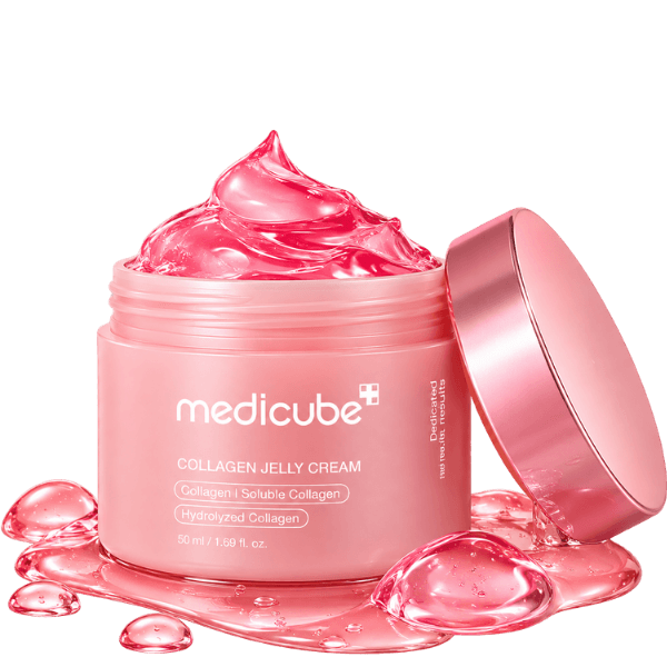 Medicube Collagen Jelly Cream 50 ml aberto, com textura rosa em gel para cuidados com a aparência das rugas.