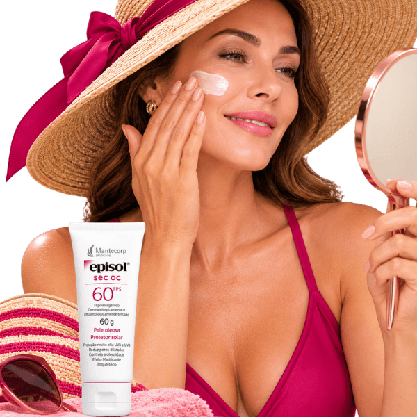 Mulher aplicando Protetor Solar Facial para Pele Oleosa Episol FPS 60 no rosto