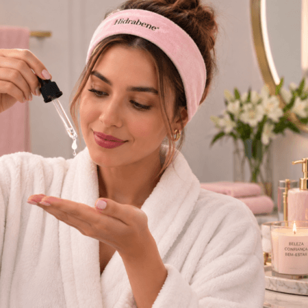 Mulher aplicando Sérum Anti Rugas com Ácido Hialurônico Hidrabene