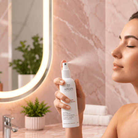 Mulher aplicando Tônico Anti-idade com Colágeno adcos no rosto