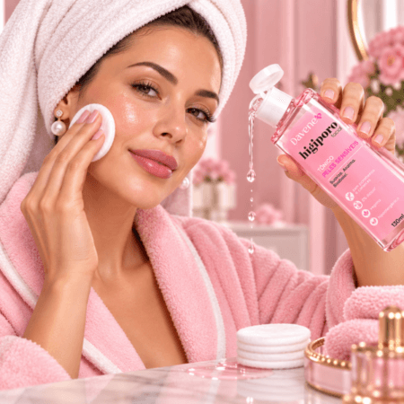 Mulher aplicando Tônico Facial Pele Sensível Davene Higiporo com algodão